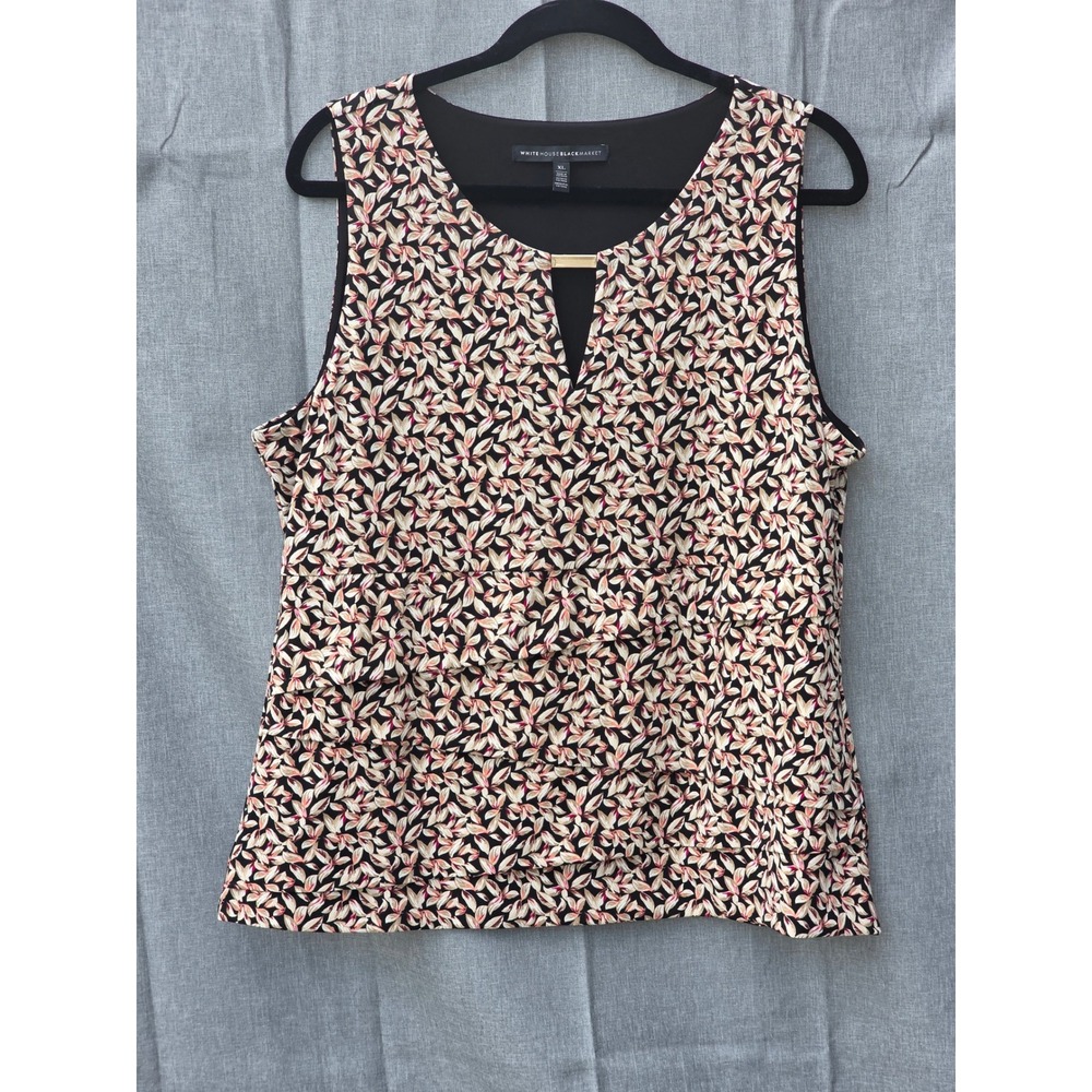 White House Black Market XL Leaf Print Ruffle Front Gold Bar Blouse 570232622